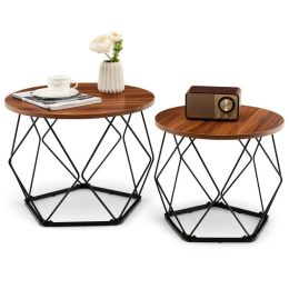 Set of 2 Modern Round Coffee Table with Pentagonal Steel Base