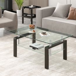 Tempered Clear Glass Coffee Table, 2-Layers Coffee Table Living Room Cnter Table