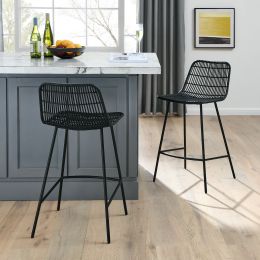 Set of 2; Natural Rattan Indoor Counter Chair ; Black Finish Steel legs; Black (17.5"x20"x34")