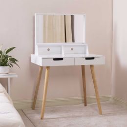 Wooden Mirror Vanity Desk Makeup Table; White