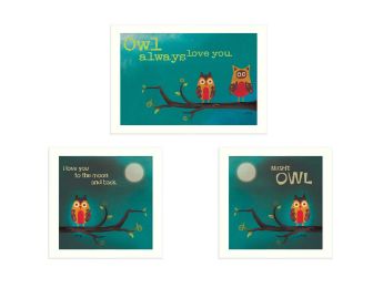 "Owls II Collection" 3-Piece Vignette By Marla Rae; Printed Wall Art; Ready To Hang Framed Poster; White Frame