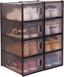 Storage Shoe Box;  Foldable Clear Sneaker Display Box;  Stackable Storage Bins Shoe Container Organizer;  8 Pack - Black