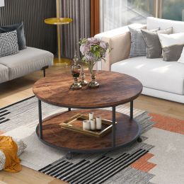 Round Coffee Table with Caster Wheels and Wood Textured Surface for Living Room, Ï†35.5'( Distressed Brown)