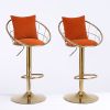 Orange velvet bar chair; pure gold plated; unique design; 360 degree rotation; adjustable height; Suitable for dinning room and bar; set of 2