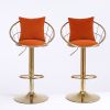 Orange velvet bar chair; pure gold plated; unique design; 360 degree rotation; adjustable height; Suitable for dinning room and bar; set of 2