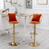 Orange velvet bar chair; pure gold plated; unique design; 360 degree rotation; adjustable height; Suitable for dinning room and bar; set of 2