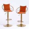 Orange velvet bar chair; pure gold plated; unique design; 360 degree rotation; adjustable height; Suitable for dinning room and bar; set of 2