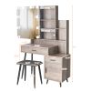 FCH Particleboard Triamine Veneer Iron Legs 2 Drawers 1 Door 2 Shelves Mirror Cabinet 3 Light Bulbs Dressing Table Set Grey