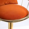 Orange velvet bar chair; pure gold plated; unique design; 360 degree rotation; adjustable height; Suitable for dinning room and bar; set of 2