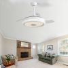 42 Inch Retractable LED Ceiling Fan With Dimmable Colorful Light App Control Invisible 3 ABS Blade Reversible DC Motor White