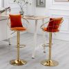 Orange velvet bar chair; pure gold plated; unique design; 360 degree rotation; adjustable height; Suitable for dinning room and bar; set of 2