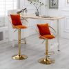 Orange velvet bar chair; pure gold plated; unique design; 360 degree rotation; adjustable height; Suitable for dinning room and bar; set of 2