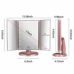 Desktop LED Makeup Three-sided Folding Mirror 2X3X Magnifying Makeup Mirror Dressing Table Mirror Three-fold Mirror With Light (Color: Rose gold)