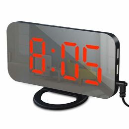 Digital LED Alarm Clock Mirror 2 USB Charger Ports Night Light LED Table Clock Snooze Function Adjustable Brightness Desk Clocks (Color: Black-Red)