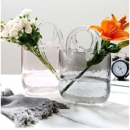 Creative transparent glass handbag fish tank vase decoration living room flower arrangement hydroponic decoration fish tank vase (Color: transparent color)