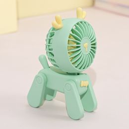 1PC Deer/Dog Portable Handheld Battery Powered Fan; 500mAh USB Rechargeable Battery Operated Fan Desk Fan Mini Small Fan (Color: Green Deer)