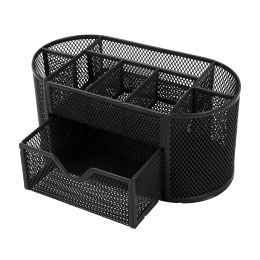 Metal Mesh Pencil Holders Desk Organizer with 9 Compartment Pen Holder Storage (Color: Black)