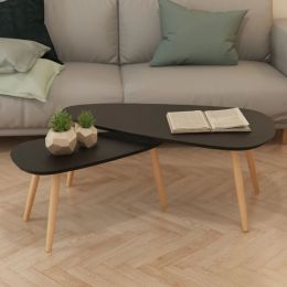 Coffee Table Set 2 Pieces Solid Pinewood (Color: Black)