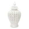 White Ceramic Ginger Jar Vase with Decorative Design and Removable Lid