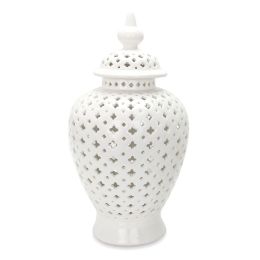 White Ceramic Ginger Jar Vase with Decorative Design and Removable Lid (Color: as Pic)