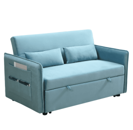 Pull Out Sofa Bed; Modern Adjustable Pull Out Bed Lounge Chair with 2 Side Pockets; 2 Pillows for Home Office (Color: Blue)