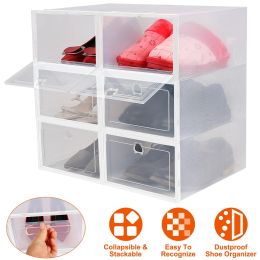 6Pcs Collapsible Shoe Box Stackable Shoe Storage Bin Transparent Dustproof PP Shoe Organizer Container (Color: White)