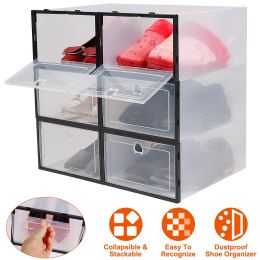 6Pcs Collapsible Shoe Box Stackable Shoe Storage Bin Transparent Dustproof PP Shoe Organizer Container (Color: Black)