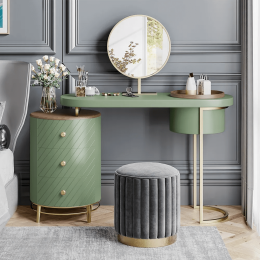 Modern Makeup Vanity Table With LED Lighted Mirror;  Dressing Table with Movable Tray Top;  4 Solid Wood Drawer;  Without Stool;  43" (Color: Green)