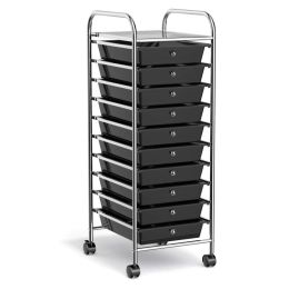 Rolling Storage Cart Organizer with 10 Compartments and 4 Universal Casters (Color: Black)