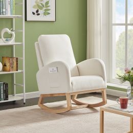 Rocking Chair Mid-Century Modern Rocking Armchair Upholstered Tall Back Accent Glider Rocker (Color: Beige)