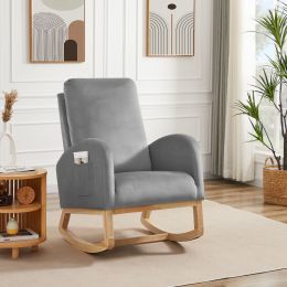 Rocking Chair Mid-Century Modern Rocking Armchair Upholstered Tall Back Accent Glider Rocker (Color: Gray)